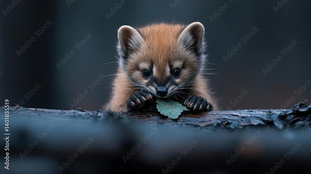 Poster Close up of a wild brown sable holding a green leaf on a wet log against a blurred dark background. The lighting is soft, accentuating the sable's expressive face and the texture of its fur