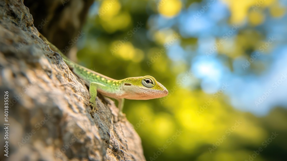 Poster detailed close-up of a green anole lizard perched on a textured rock surface, with a vibrant green a