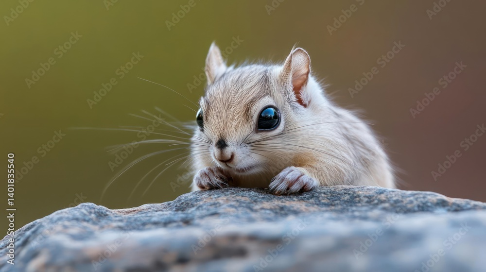 Poster close up shot of a cute little chipmunk resting on a rock with a blurry background featuring muted g
