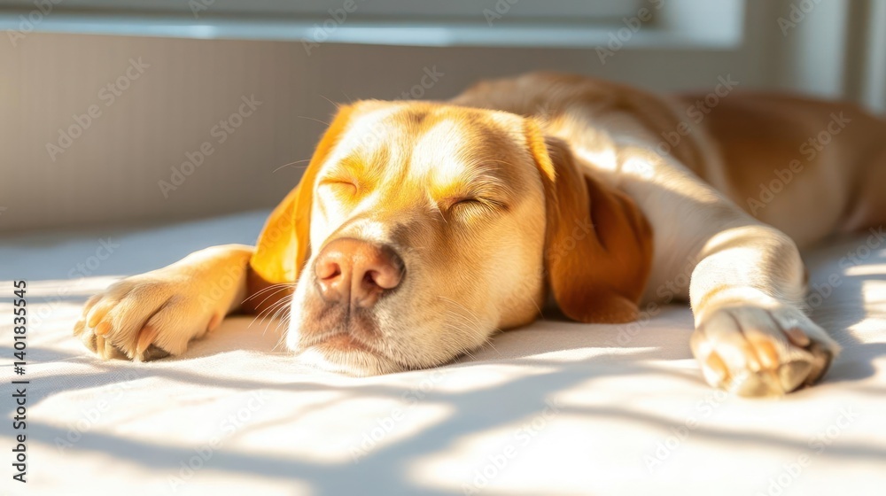 Poster close-up of a sleeping golden beagle with long ears on a white surface under bright sunlight creatin