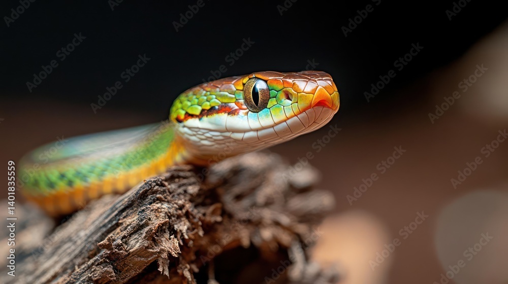 Poster a vividly colored snake rests atop a weathered piece of wood, its scales displaying a rainbow of gre