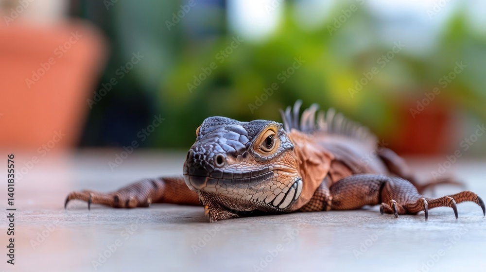Aufkleber Close-up of a red iguana lizard resting on a textured surface with blurred background featuring green plants and a brown pot. The iguana's textured skin and relaxed pose are highlighted in soft