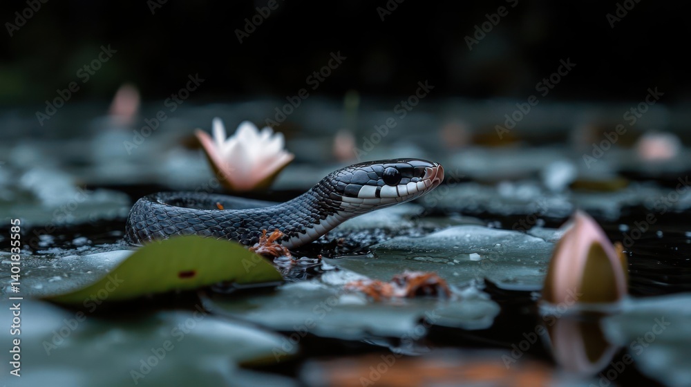Poster a black snake with white markings slithers across lily pads in a dark pond, with pink water lilies a