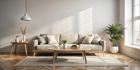 Fototapeta premium Scandinavian Minimalist Living Room Pastel Interior Design Mockup - Sofa Coffee Table Empty Wall