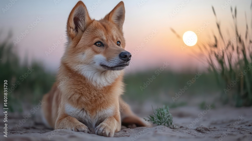 Poster a golden brown dog with pointy ears rests on sand with grass visible and the sunset in the backgroun