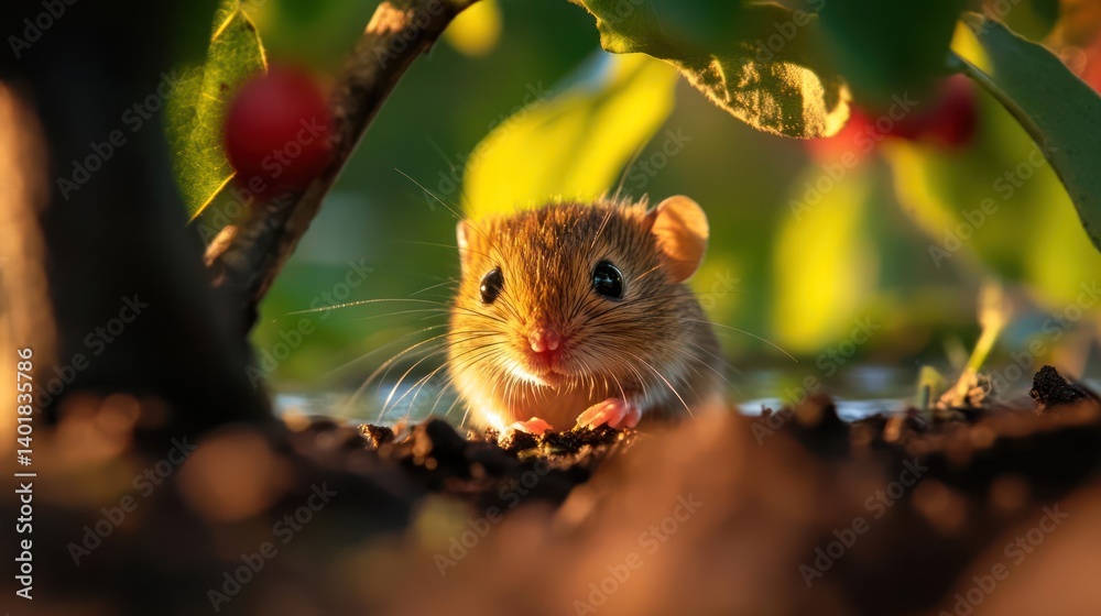 Aufkleber a focused shot of a small, wild mouse nestled in soil, with vibrant green leaves and red berries ove