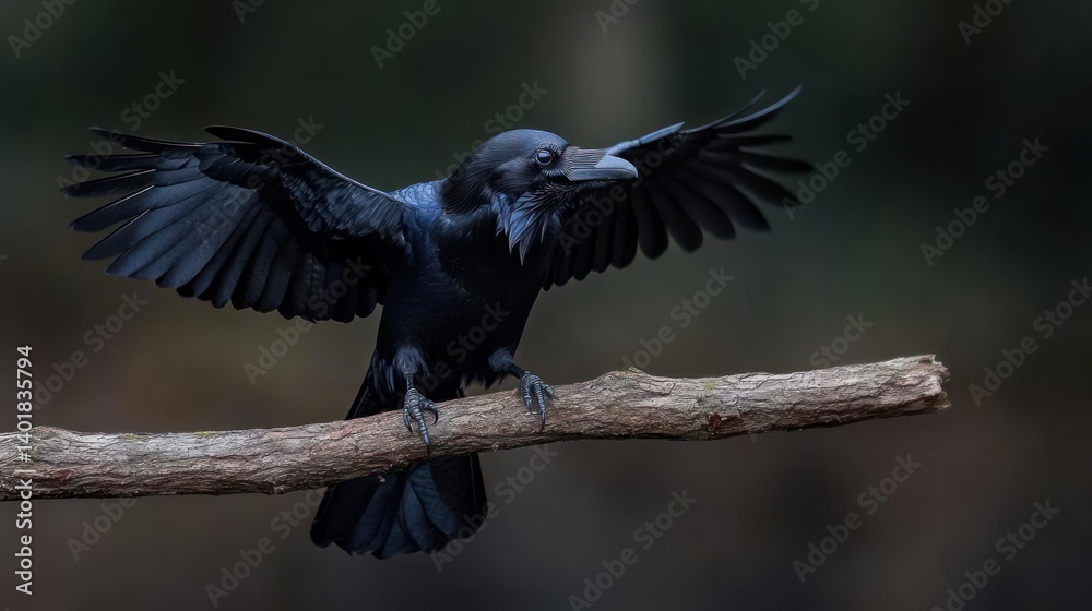 Poster a detailed low-angle shot displays a raven with wings spread atop a mossy branch, set against a blur