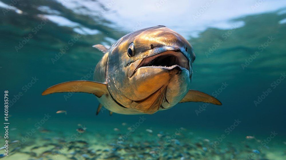 Poster a captivating close-up of a large silver and blue fish, its scales shimmering in the light, surround