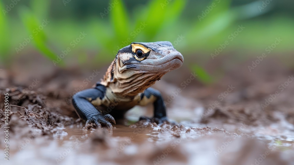 Poster Close up of a lizard crawling on muddy ground, captured with a blurred background of green plants. The lizard features intricate scale patterns and a unique eye