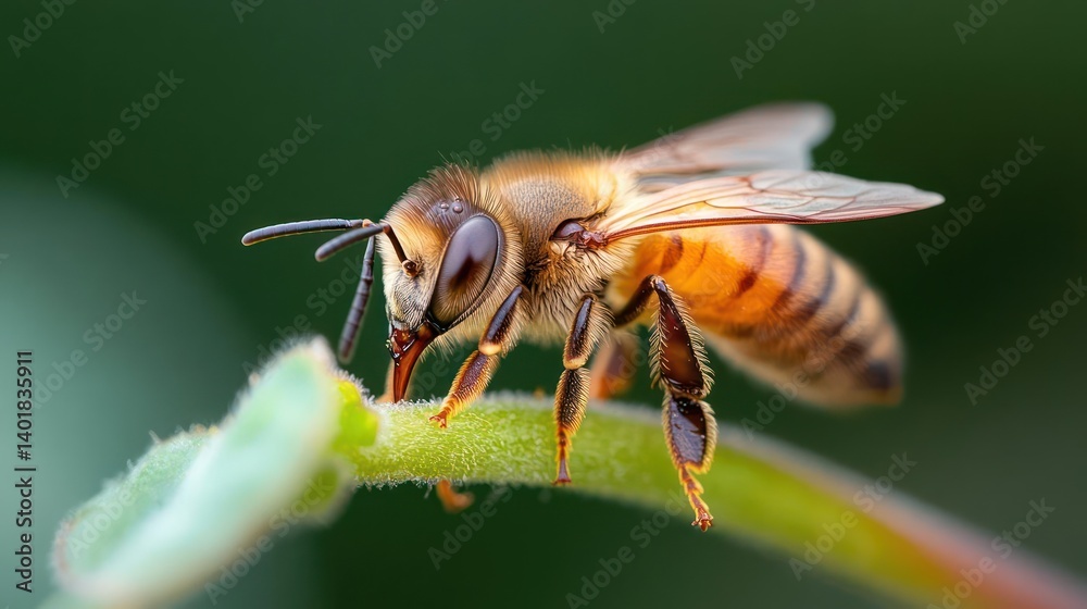 Poster close-up view of honeybee gathering nectar on a fuzzy stem against soft green backdrop, showcasing g