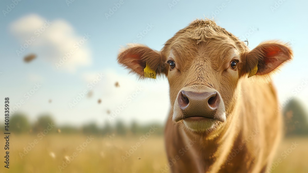 Poster Close up of a brown cow with ear tags in a sunny field. The background features a clear blue sky with a few clouds and blurred trees, creating a shallow depth of field and focuses on the animal