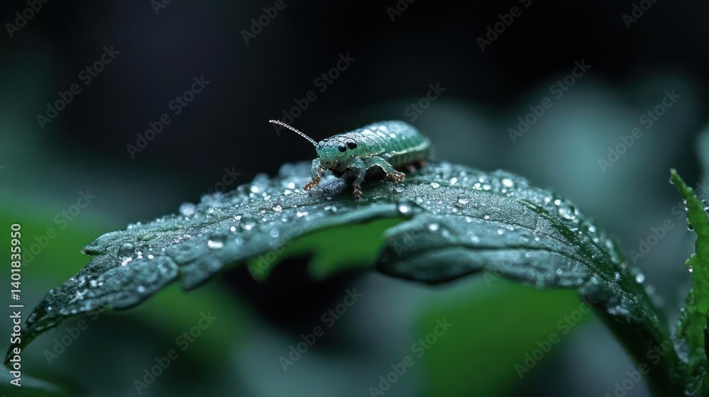 Poster macro photograph captures a beetle with a iridescent green shell covered in dewdrops rests atop a vi