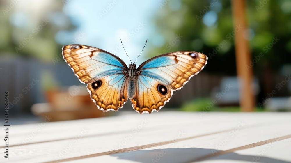 Poster Close-up of a blue and brown butterfly with open wings hovering over a light gray wooden deck in a blurred garden setting under bright sunlight, creating a serene outdoor scene. The detailed texture