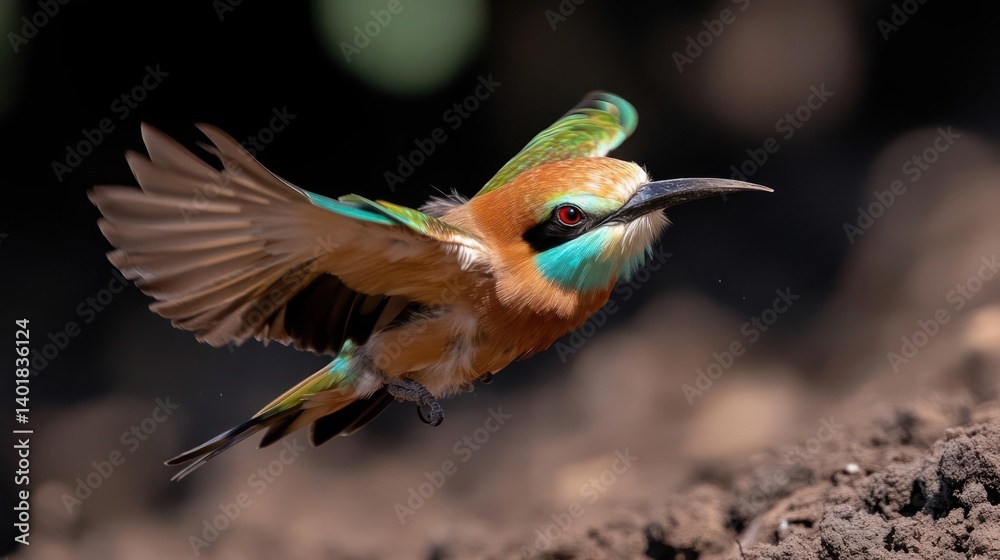 Poster Close-up shot of a colorful bird in flight against a dark background with brown dirt at the bottom. The bird is lit from above and the left side