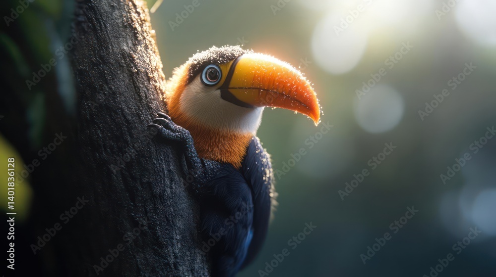 Aufkleber close up of a colorful toucan perched on a tree branch with sunlight illuminating its feathers. the 