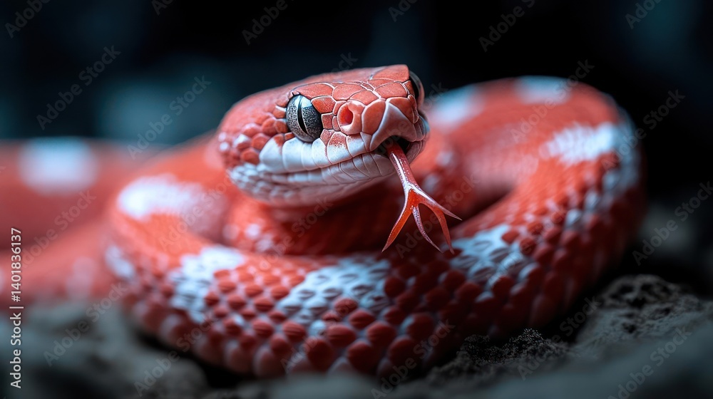 Aufkleber close-up shot features a red and white scaled snake coiled on the ground, eyes visible, forked tongu