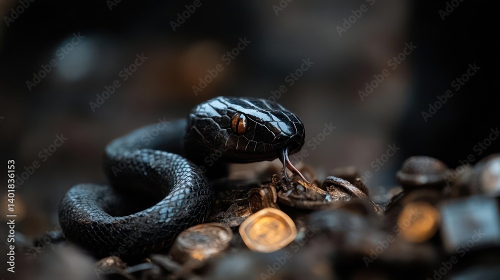Poster close up shot of a black snake coiled on pebbles with its tongue out. the lighting is low-key, creat