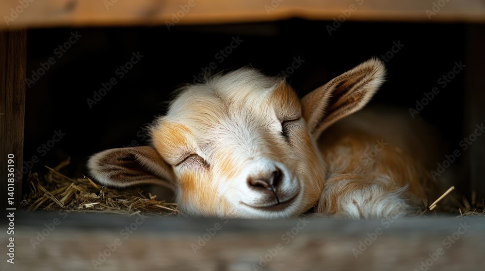 Aufkleber a close-up shot of a sleeping goat with its eyes closed, resting comfortably inside a wooden structu