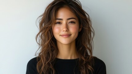 Naklejka premium Beautiful young woman with wavy brown hair smiles gently at the camera