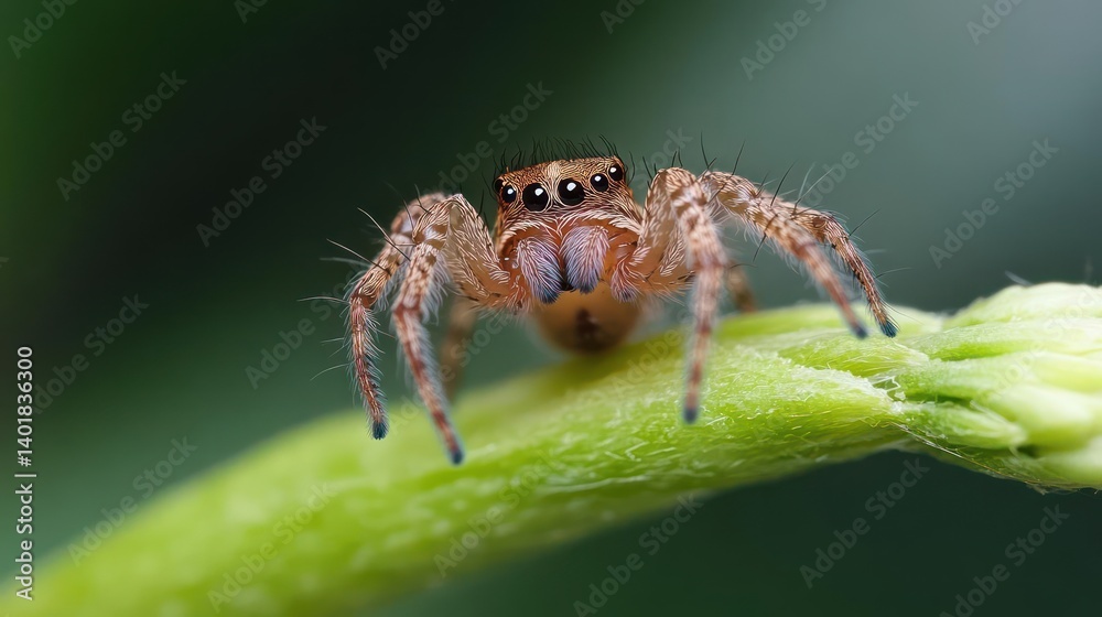 Poster detailed close up of a brown jumping spider with hairy legs sitting on a green stem against a blurre