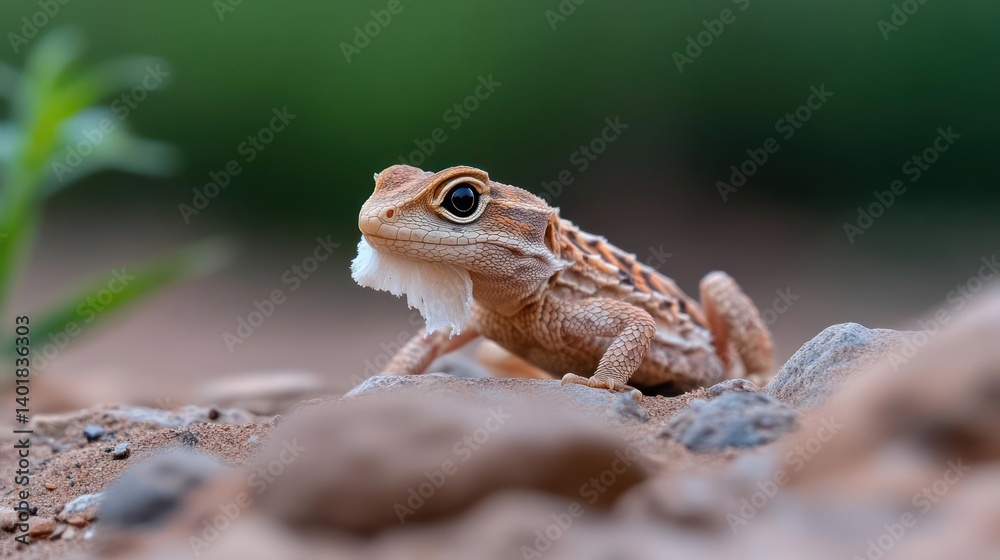 Aufkleber close up of a horned lizard showcasing inflated throat sac while standing on ground with pebbles and