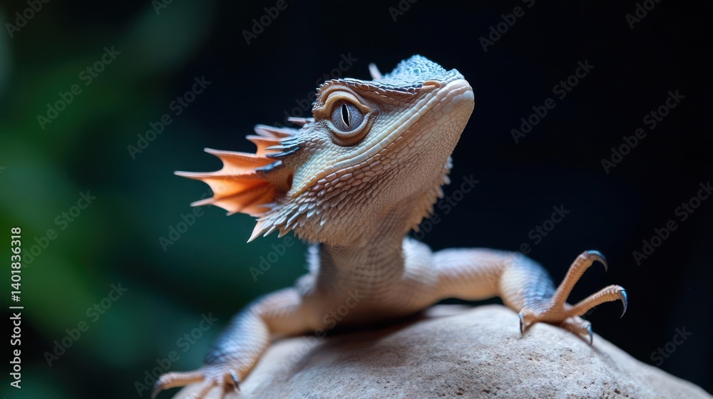 Poster close up shot of an eastern water dragon on top of a rock against a backdrop of lush greenery. the l