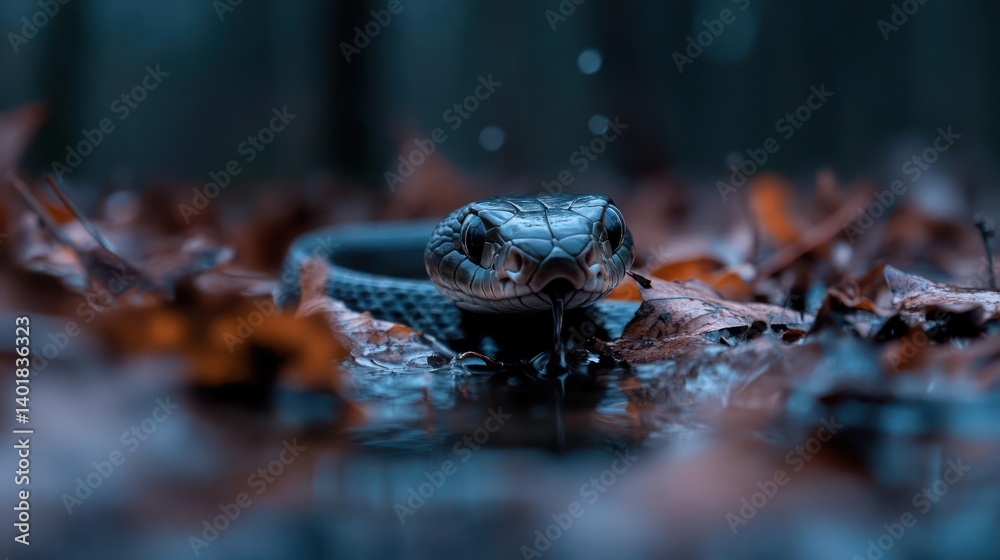 Poster dramatic low angle shot of a black snake emerging from a shallow pool surrounded by fallen leaves un
