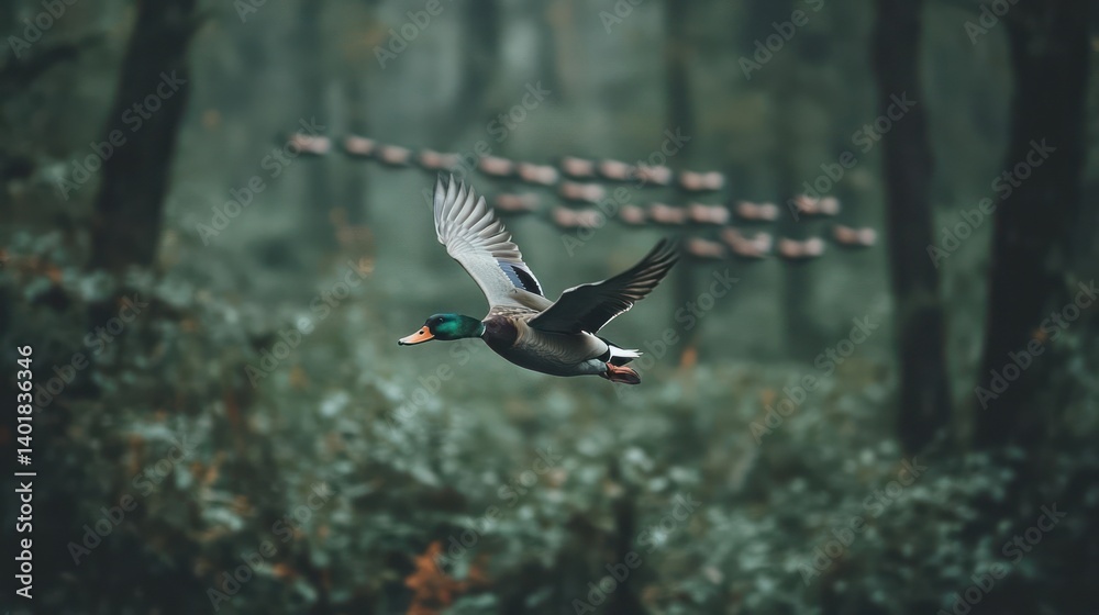 Poster a mallard duck soars gracefully in flight, wings outstretched, against a backdrop of blurred green t