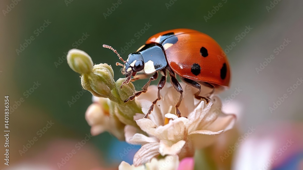 Aufkleber close-up captures a ladybug, its red shell dotted with black spots, perched on a delicate flower wit