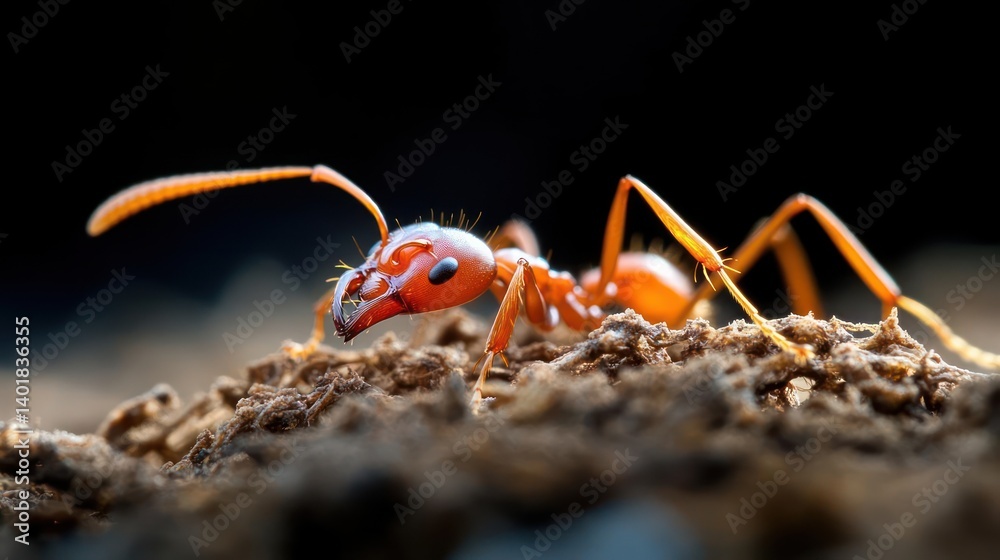 Poster a striking macro shot highlights a vibrant red ant traversing a textured, sandy surface. the ant's i