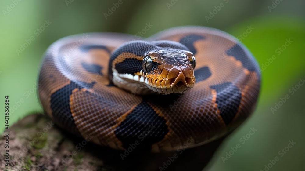 Poster A close up of a ball python coiled on a branch. Its scales are patterned in brown, black, and orange. The snake's head is prominently featured, with a focus on its intricate scale patterns and