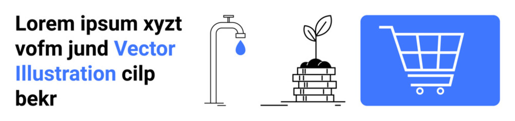 Water droplet from faucet, plant sprouting from stacked coins, shopping cart icon. Ideal for sustainability, growth, e-commerce, finance, environmental care, online shopping simple landing page