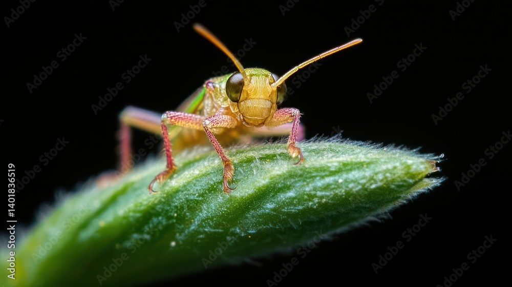 Poster detailed close-up of a grasshopper perched atop a vibrant green leaf against a stark black backgroun