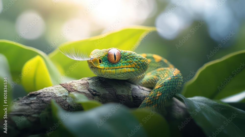 Poster Close up shot of a vibrant green and yellow snake perched on a tree branch surrounded by lush foliage, capturing its intricate scales and intense gaze. Bokeh effect creates a soft, natural