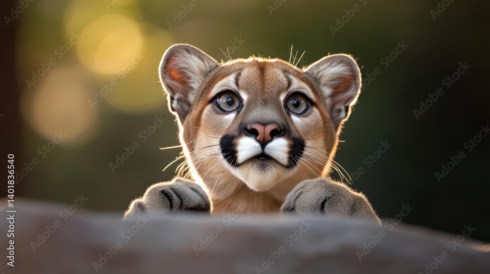 Poster close-up shot of a mountain lion cub with its paws resting on a rock against a blurred bokeh backgro