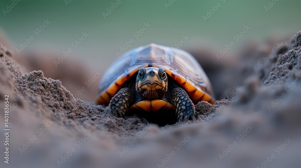 Poster close-up shot of a turtle with a brown shell and yellow accents emerging from a sandy area with a bl