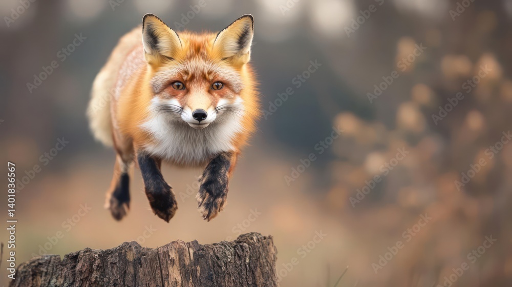 Poster a sharp studio shot captures a vibrant red fox mid-leap from a tree stump, its fur detailed and eyes