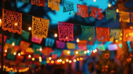 Colorful papel picado flags with traditional cut-out designs hang a nighttime Mexican celebration. Suitable for banner, holiday decoration, or party-themed header.