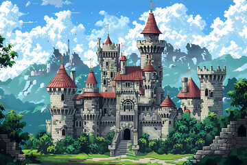 Fototapeta premium Pixel Art Depiction of a Grand Stone Castle with Red Roofs Surrounded by Lush Greenery Under a Bright Blue Sky with Fluffy Clouds