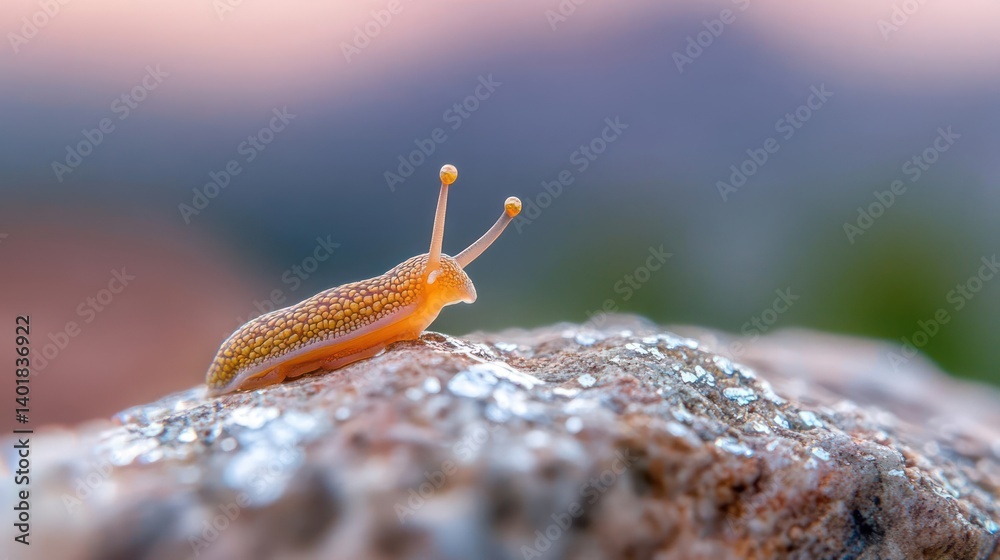 Poster a detailed close up shot of a small yellow slug crawling on a rough rock surface covered in mineral 
