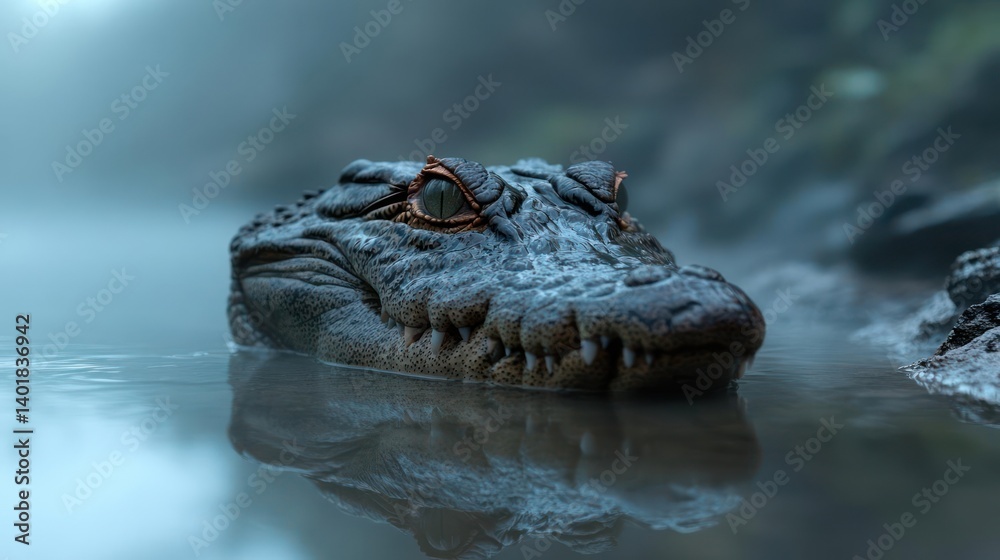 Poster close-up of an alligator's head in murky water under a misty backdrop. the alligator's eyes stand ou