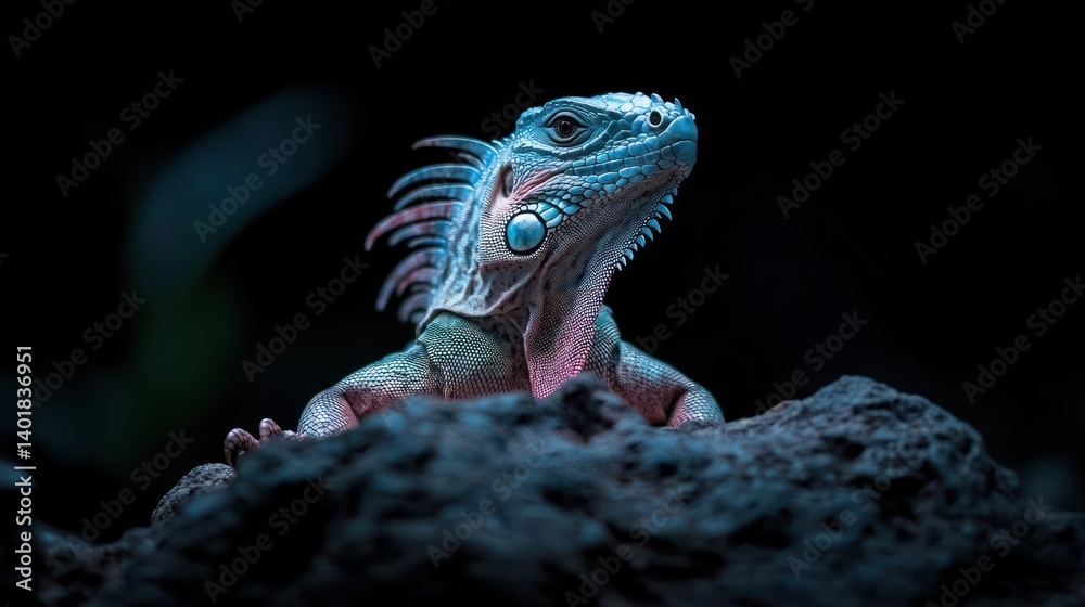 Poster close up view of a green iguana resting on a dark rock against a dark background. the iguana has a s