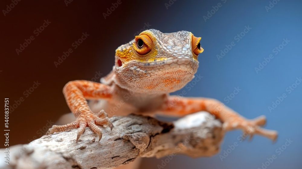 Poster close up shot of a small lizard with orange and yellow skin perching on a tree branch, set against a