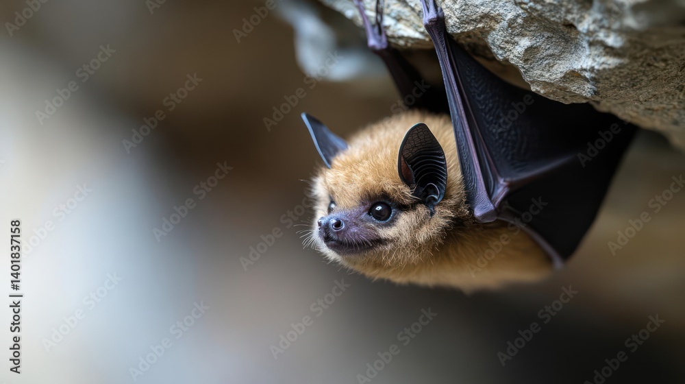 Poster close up of a small furry brown bat roosting upside down in a rocky cave, bathed in soft light. feat