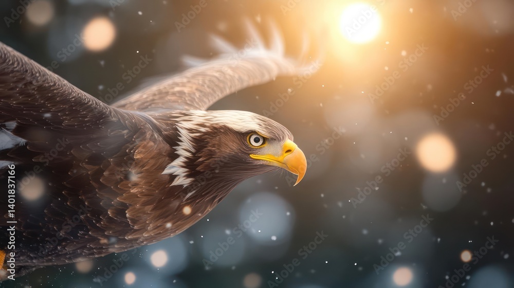 Aufkleber a majestic golden eagle soars against a blurred background of light bokeh. the eagle's brown and whi