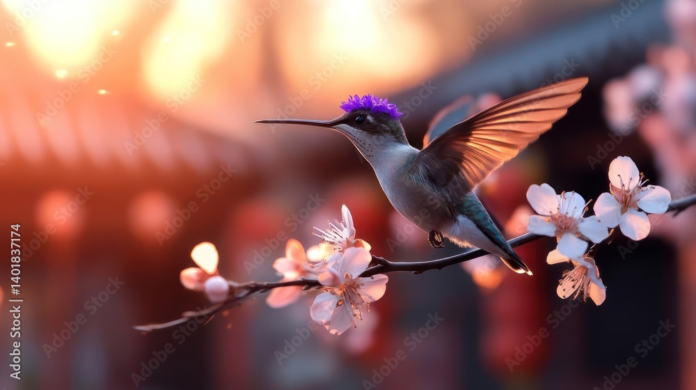 Poster Close up of a hummingbird perched on a blossoming branch against a backdrop of traditional red and white architecture, capturing the bird in vivid detail with soft lighting and bokeh effects