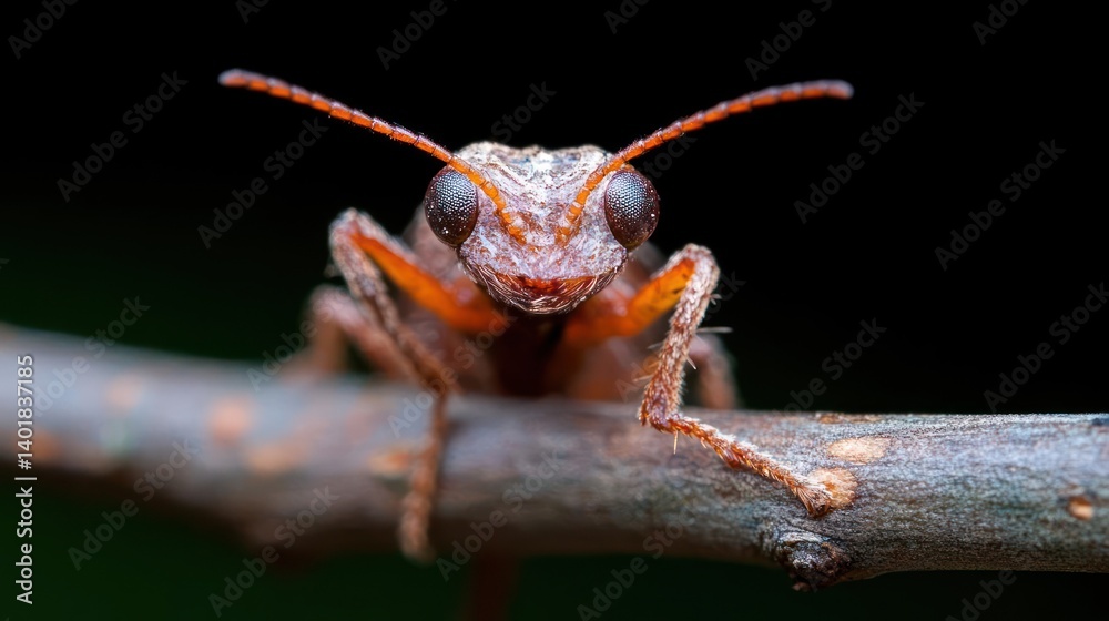 Aufkleber detailed macro shot of an ant perched on a small branch against a dark background. the ant's face an