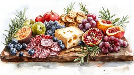 Colorful Assortment of Fruits and Cheeses on Wooden Board