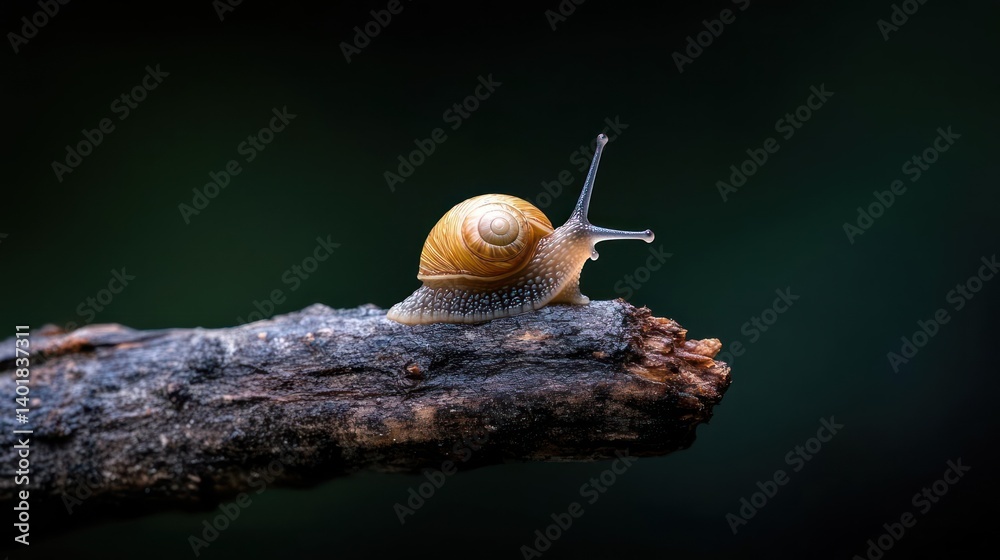Poster A focused shot features a snail with a yellow shell resting on a dark, textured tree branch. The background is a blurred, deep green, creating a stark contrast that highlights the snail's form and