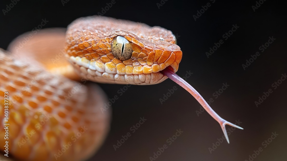 Aufkleber a macro shot presents a vibrant orange snake with intricate scale patterns, set against a blurred da